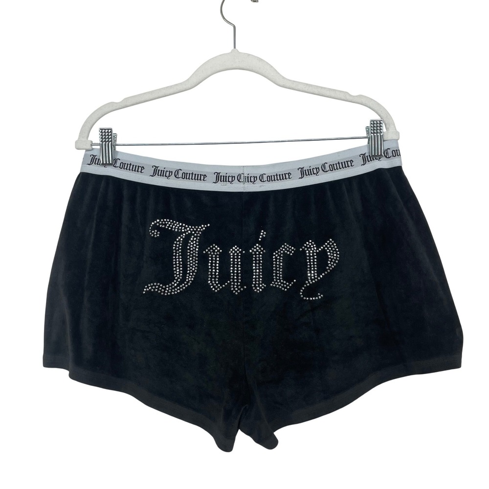 Juicy Couture Size XL Sleep Shorts Black Velour Rhinestone Logo Y2K Loungewear - Picture 1 of 6